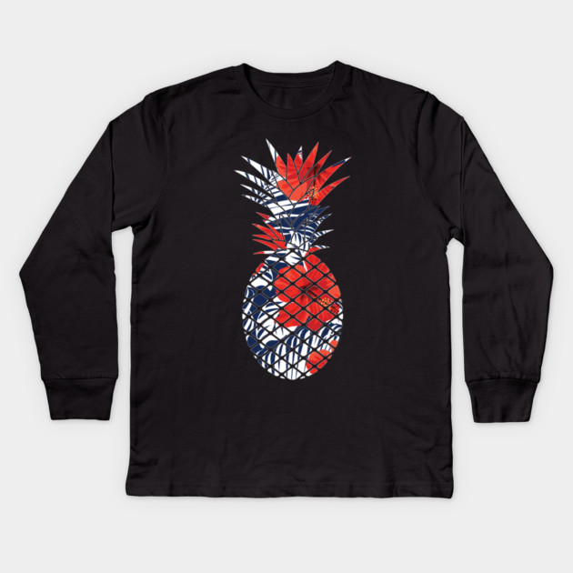 Tropical Floral Geometric Pineapple Red Blue Kids Long Sleeve T-Shirt by logiamerch