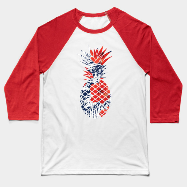 Tropical Floral Geometric Pineapple Red Blue Baseball T-Shirt by logiamerch