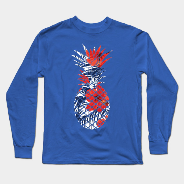 Tropical Floral Geometric Pineapple Red Blue Long Sleeve T-Shirt by logiamerch