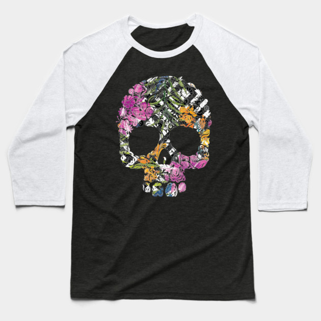 Tropical Floral Skull Baseball T-Shirt by logiamerch