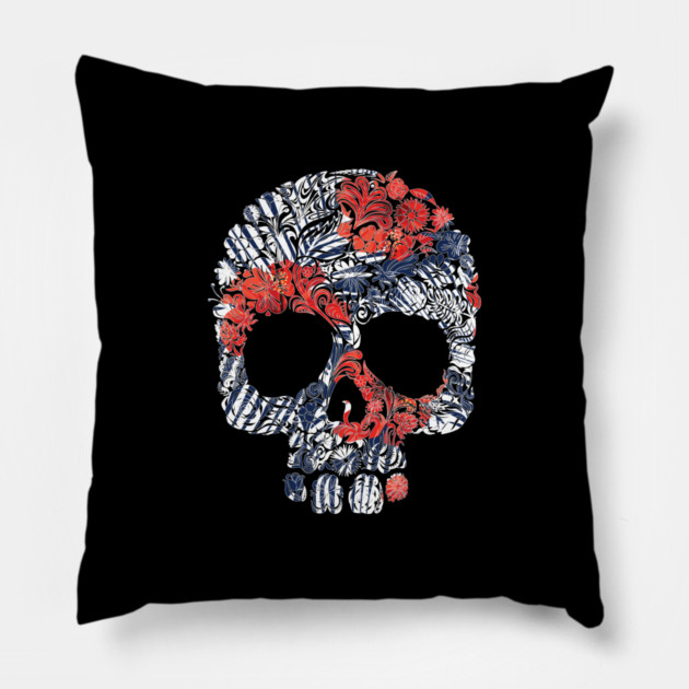 Tropical Floral Red Blue Skull Pillow by logiamerch