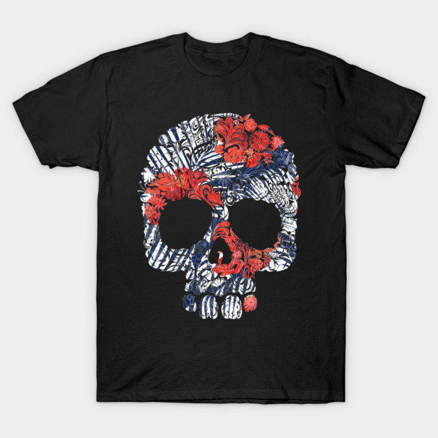 Tropical Floral Red Blue Skull T-Shirt by logiamerch