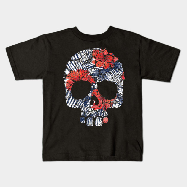 Tropical Floral Red Blue Skull Kids T-Shirt by logiamerch