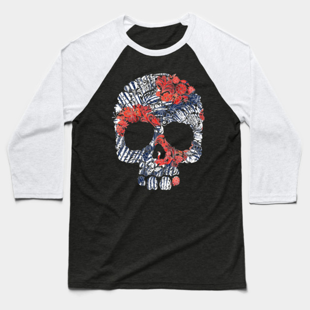 Tropical Floral Red Blue Skull Baseball T-Shirt by logiamerch