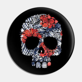 Tropical Floral Red Blue Skull Pin