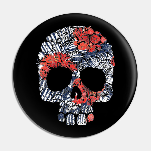 Tropical Floral Red Blue Skull Pin by logiamerch