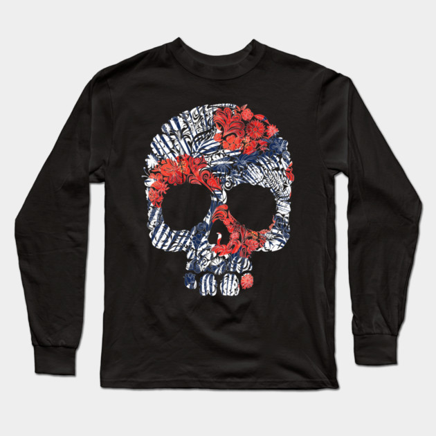 Tropical Floral Red Blue Skull Long Sleeve T-Shirt by logiamerch