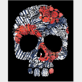 Tropical Floral Red Blue Skull Posters and Art