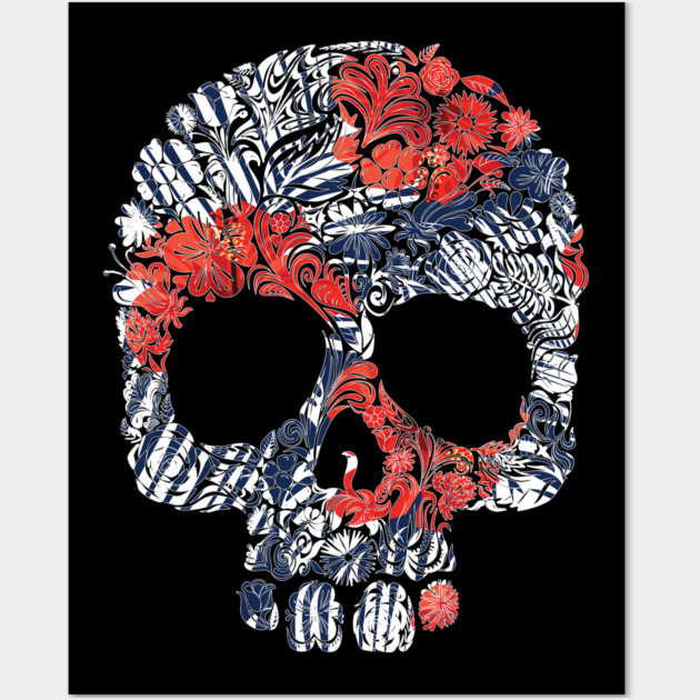 Tropical Floral Red Blue Skull Wall Art by logiamerch
