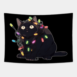 Christmas Cat in Christmas Lights Tapestry