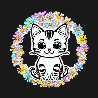 Cute White Kitten and Multicolored Flowers T-Shirt