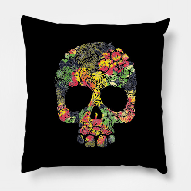 Tropical Multi Color Floral Skull Pillow by logiamerch