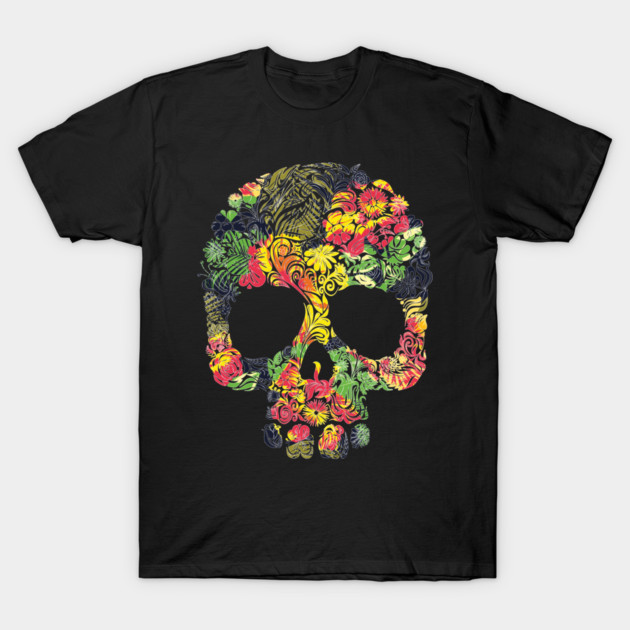 Tropical Multi Color Floral Skull T-Shirt by logiamerch