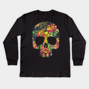 Tropical Multi Color Floral Skull Kids Long Sleeve T-Shirt