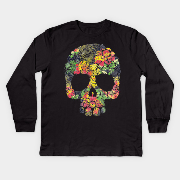 Tropical Multi Color Floral Skull Kids Long Sleeve T-Shirt by logiamerch