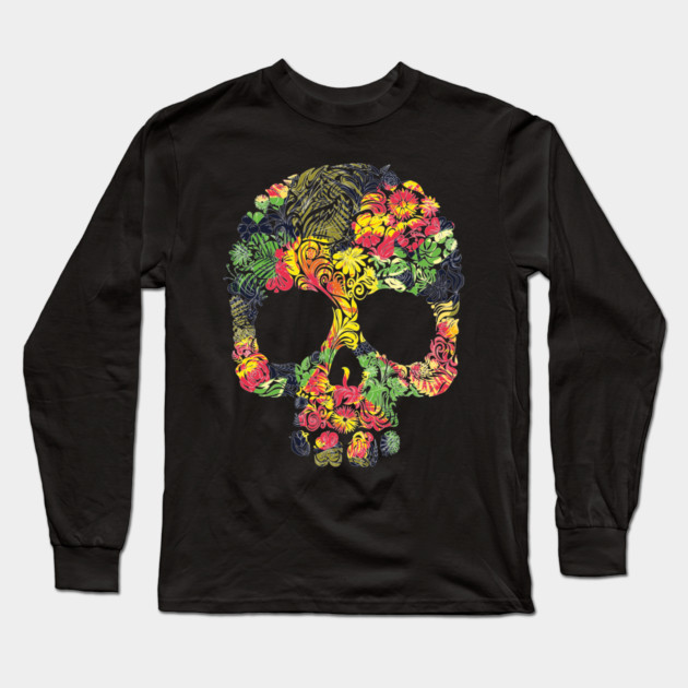 Tropical Multi Color Floral Skull Long Sleeve T-Shirt by logiamerch