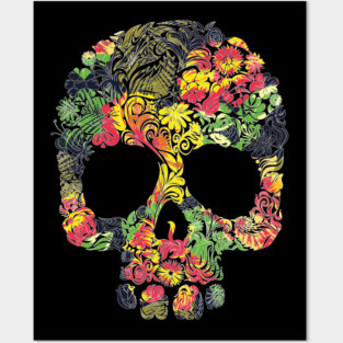 Tropical Multi Color Floral Skull Posters and Art