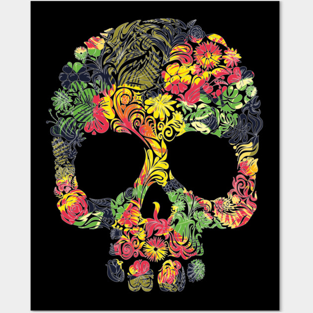 Tropical Multi Color Floral Skull Wall Art by logiamerch