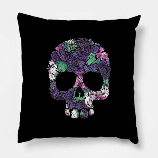 Purple Floral Tropical Skull Pillow by logiamerch