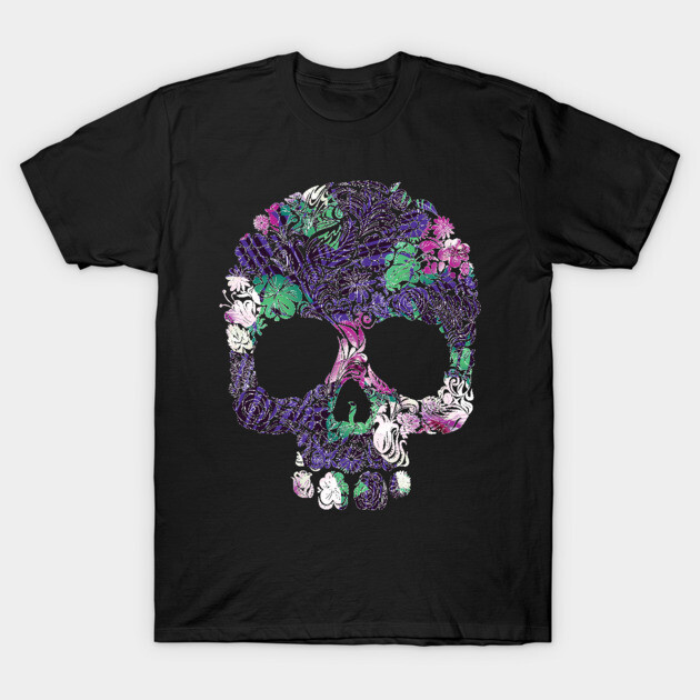 Purple Floral Tropical Skull T-Shirt by logiamerch