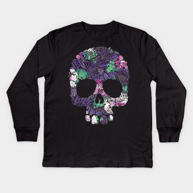 Purple Floral Tropical Skull Kids Long Sleeve T-Shirt by logiamerch