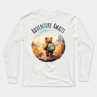 Adventure Awaits Adorable Bear camping backpacking design Long Sleeve T-Shirt