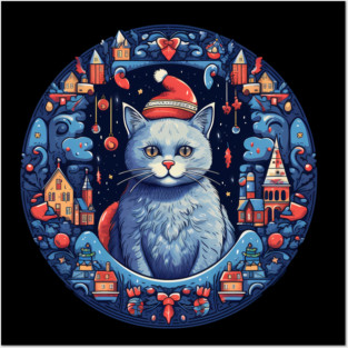 Russian Blue Cat Xmas, Love Cats Posters and Art