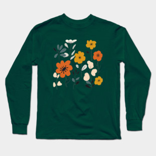 Orange And Yellow Mid Century Flowers Long Sleeve T-Shirt