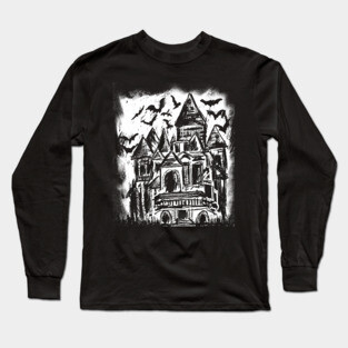 Haunted House Horror Gothic Bat Victorian Mansion Long Sleeve T-Shirt