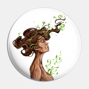 Sprout - Watercolor painting of a wooden girl statue generating new life Pin