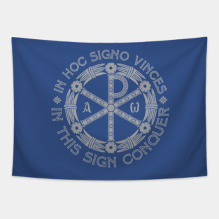 In Hoc Signo Vinces | In this Sign Conquer | Chi Rho | Grey on Blue Tapestry