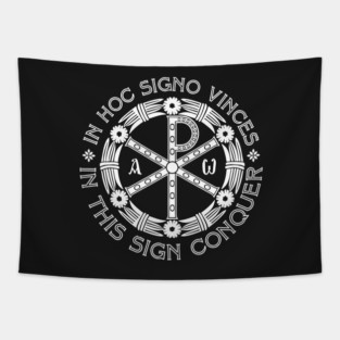 In Hoc Signo Vinces | In this Sign Conquer | Chi Rho | White on Black Tapestry