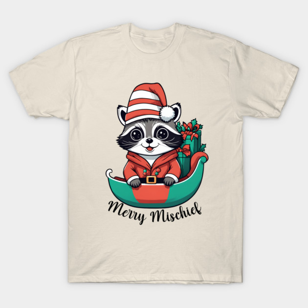 Merry Mischief Raccoon Christmas Sleigh Tee T-Shirt by WolfMerrik