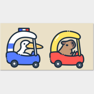 capybara and pelican car chase Posters and Art