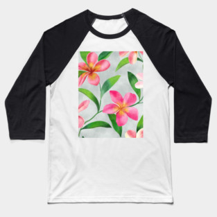 Tropical plumeria flowers and leaves watercolor seamless pattern. Exotic pink flowers composition. Colorful floral summer arrangement on textural background Baseball T-Shirt