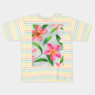 Tropical plumeria flowers and leaves watercolor seamless pattern. Exotic pink flowers composition. Colorful floral summer arrangement on textural background Kids T-Shirt