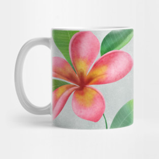 Tropical plumeria flowers and leaves watercolor seamless pattern. Exotic pink flowers composition. Colorful floral summer arrangement on textural background Mug