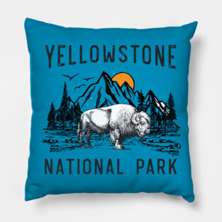 Vintage Yellowstone National Park Wyoming Mountains Bison Pillow