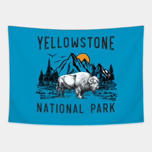 Vintage Yellowstone National Park Wyoming Mountains Bison Tapestry