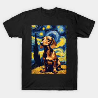 Cute Dachshund Dog Breed Painting in a Van Gogh Starry Night Art Style T-Shirt
