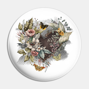 Vintage Valentine Heart, Flowers, Butterflies Pin