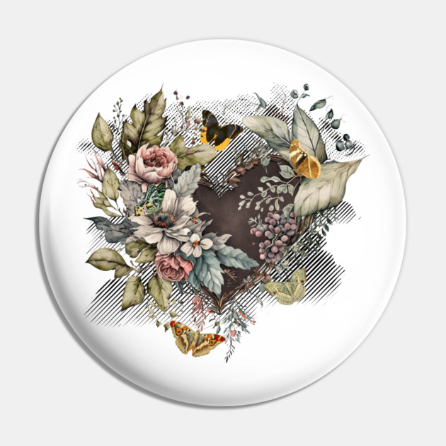 Vintage Valentine Heart, Flowers, Butterflies Pin by HolidayBug