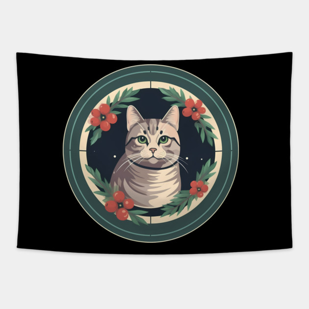 American Shorthair Cat Floral Ornament Tapestry by logiamerch