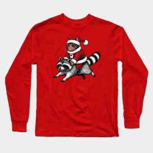 Santa Cat on A Raccoon Long Sleeve T-Shirt