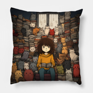 A Girl Surrounded by Playful Cats 3 Pillow