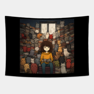 A Girl Surrounded by Playful Cats 3 Tapestry