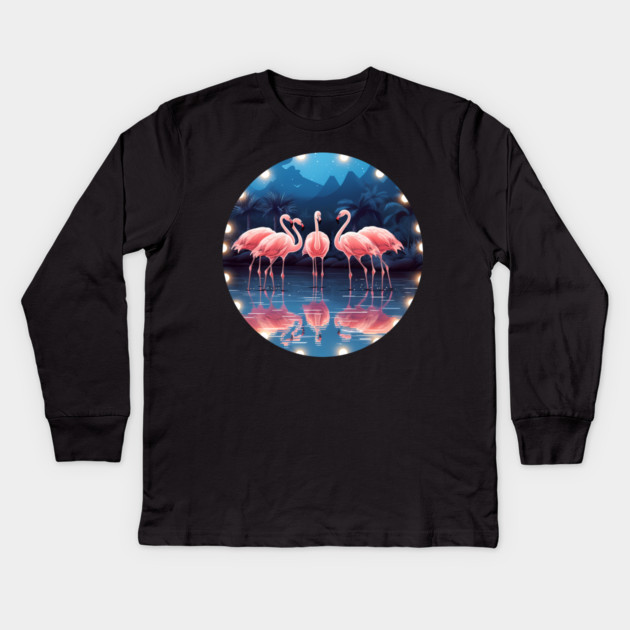 Flamingo Flock Sunset, Love Flamingos Kids Long Sleeve T-Shirt by logiamerch