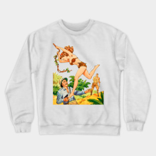 REVISTANGO #214 - The Savage Beauty Who Fell from the Vines, Jungle Fury Unleashed against Greed and Fear in a Scene of Heat Sweat and Heroism Framed by Golden Light and Emerald Shadows of Retro Pulp Illustration Vintage Crewneck Sweatshirt