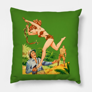 REVISTANGO #214 - The Savage Beauty Who Fell from the Vines, Jungle Fury Unleashed against Greed and Fear in a Scene of Heat Sweat and Heroism Framed by Golden Light and Emerald Shadows of Retro Pulp Illustration Vintage Pillow