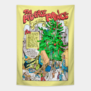 REVISTANGO #225 - The Pie-Face Prince of Old Pretzelburg Standing Beneath a Giant Decorated Christmas Tree in a Lively Vintage Comic Scene Filled with Festive Characters, Whimsical Lettering, and Bright 1940s Colors, Retro Tapestry